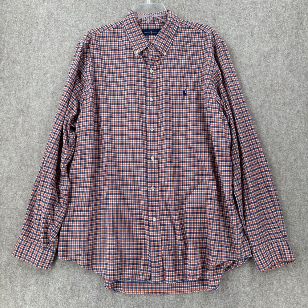 Ralph Lauren Shirt Mens XL Long Sleeve‎ Button Blue Lightweight Plaid Flannel
